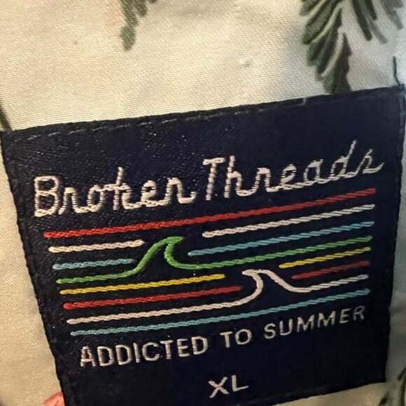 Brother Threads Shirt Adult Large Blue Palm Pink Flamingo Print Button Up Poly - Picture 3 of 3